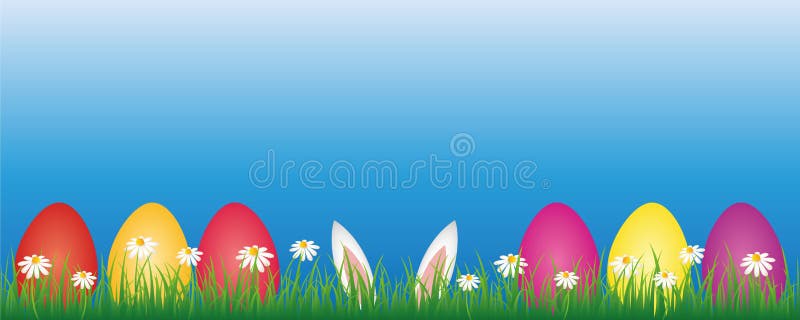 Oreilles de lapin et oeufs de pâques colorés dans le pré vert avec la bannière de fleurs de marguerite blanche avec l'espace illustration libre de droits Oreilles de lapin et oeufs de pâques colorés dans le pré vert avec la bannière de fleurs de marguerite blanche avec l'espace illustration libre de droits