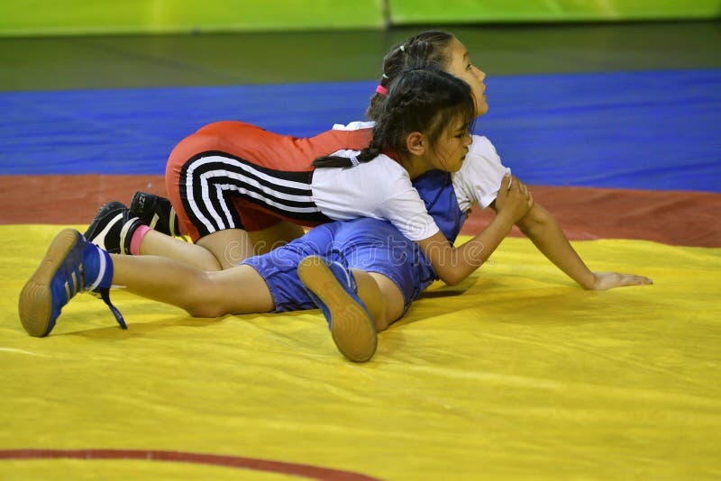 Orenburg, Russia-May 5, 2017 Year: Girls Compete in Freestyle Wrestling ...