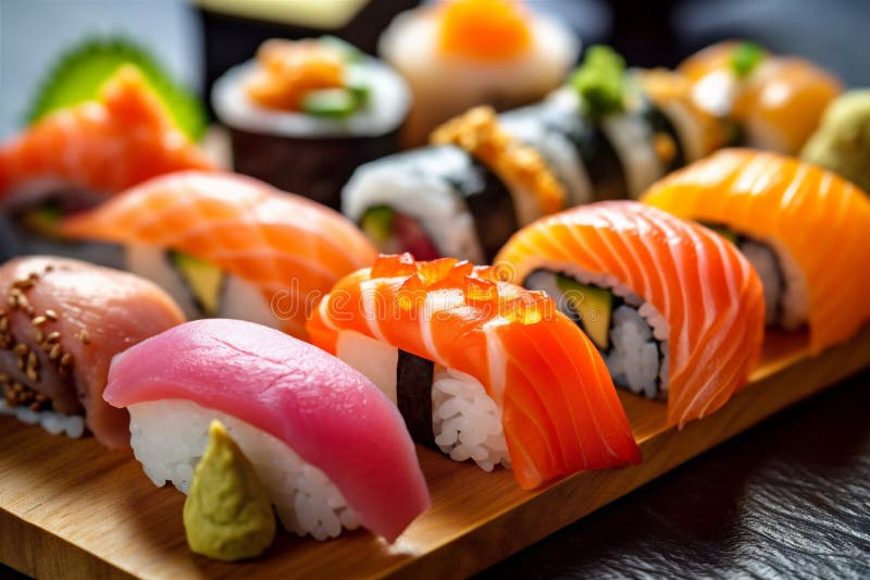 Orez cu făină de aliment set de fructe de mare japoneză sushi japoneză. ai generativ. royalty free illustration
