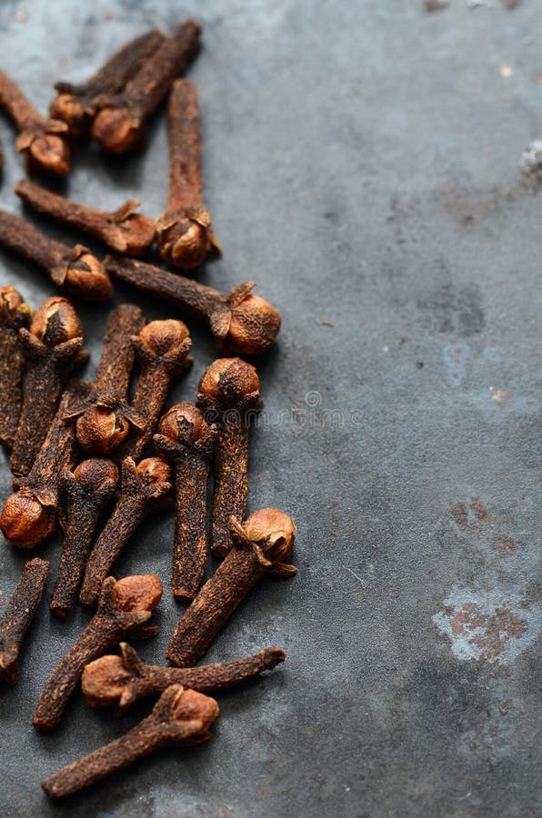 Black Cloves Spice Over Black Plate Surrounded by Spices. Stock Image