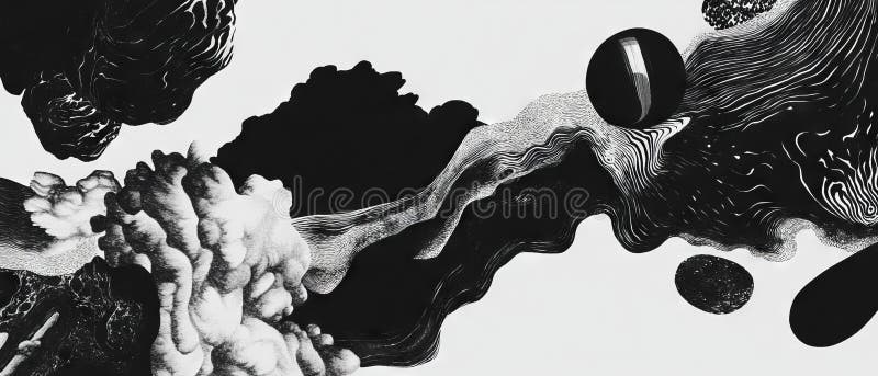 Organic black ink patterns create natural shapes on a smooth white background royalty free illustration