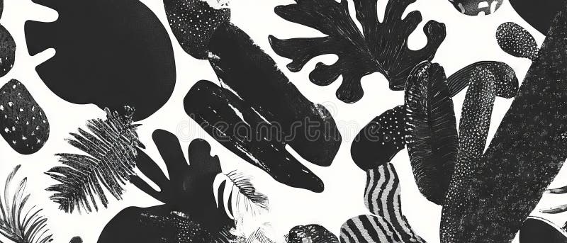 Organic black ink patterns on a smooth white background create elegant artwork stock illustration