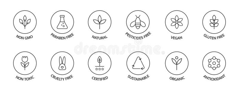 Organic cosmetic labels set. Product free allergen line icons. GMO free emblems. Organic stickers. Natural products