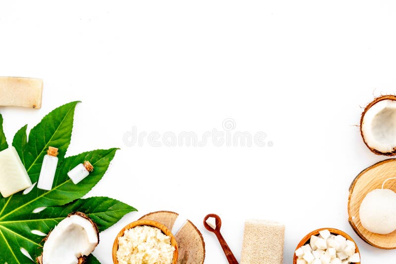 Download Organic Cosmetics With Coconut Oil On White Background Top View Mockup Stock Photo - Image of ...