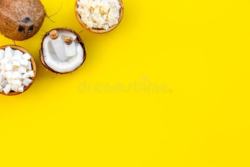 Download Organic Cosmetics With Coconut Oil On Yellow Background Top View Mockup Stock Image - Image of ...