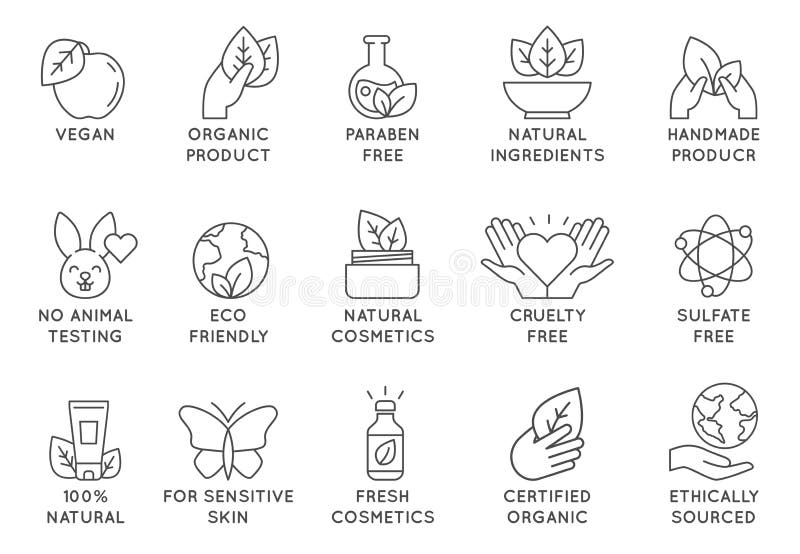 Organic cosmetics icon. Eco friendly cruelty free line badges for beauty products and vegan food. No animal tested, natural icons vector set. For sensitive skin, ethically sourced collection