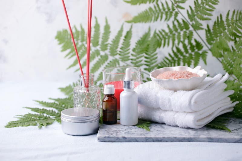 Organic cosmetics, spa concept. Empty space, flat lay, top view. Stylish set of organic produts in zero waste package on marble stock photography Organic cosmetics, spa concept. Empty space, flat lay, top view. Stylish set of organic produts in zero waste package on marble stock photography
