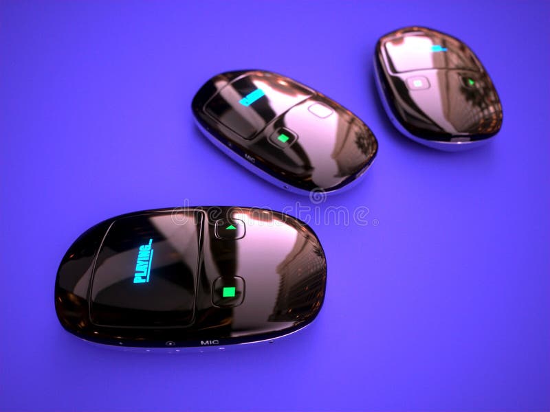 Three curvy digital music devices with glowing screens. Three curvy digital music devices with glowing screens