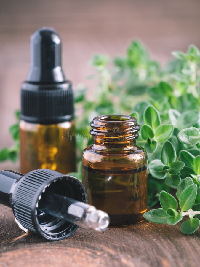 Organic Essential Thyme Oil with Green Leaves Stock Photo - Image of ...