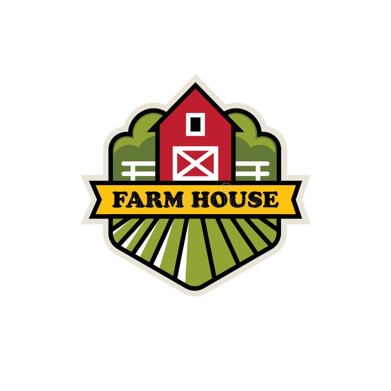 Natural farming, organic farm, ranch vector logo, emblem or label design with red barn, field and fence. Natural farming, organic farm, ranch vector logo, emblem or label design with red barn, field and fence