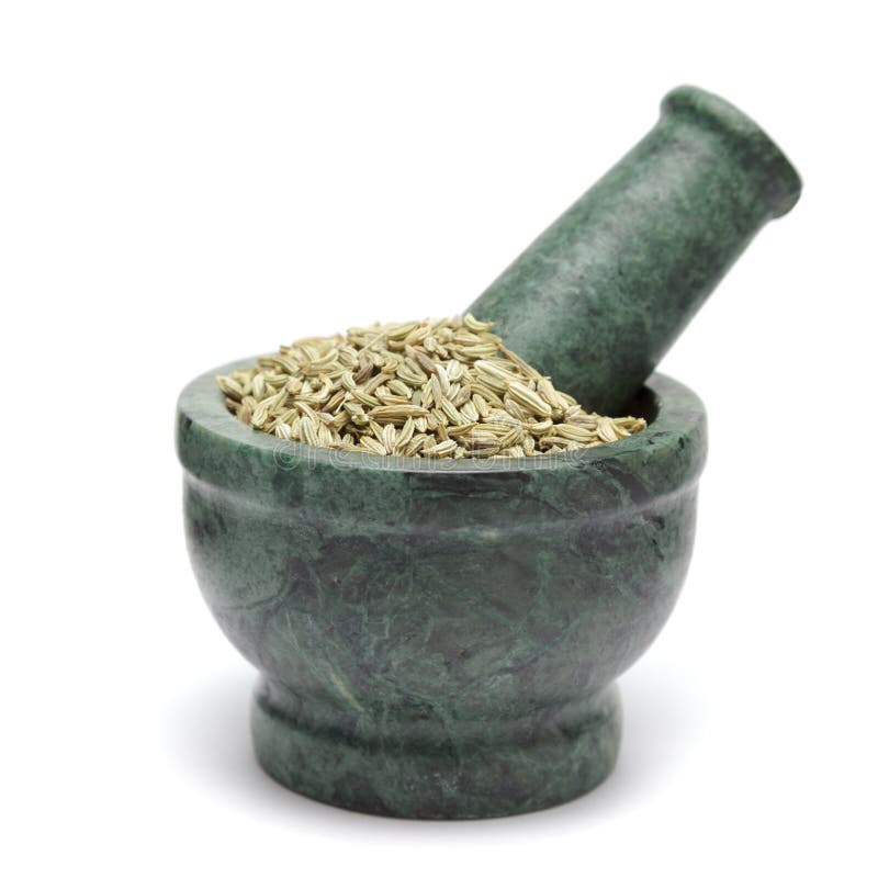 Organic Fennel seed (Foeniculum Vulgare) on marble pestle.