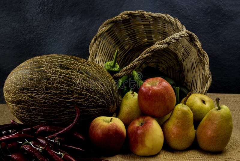Organic Fruits and Vegetables on a Cane Basket Stock Photo Image of