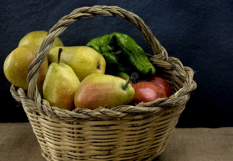 Organic Fruits and Vegetables on a Cane Basket Stock Image Image of