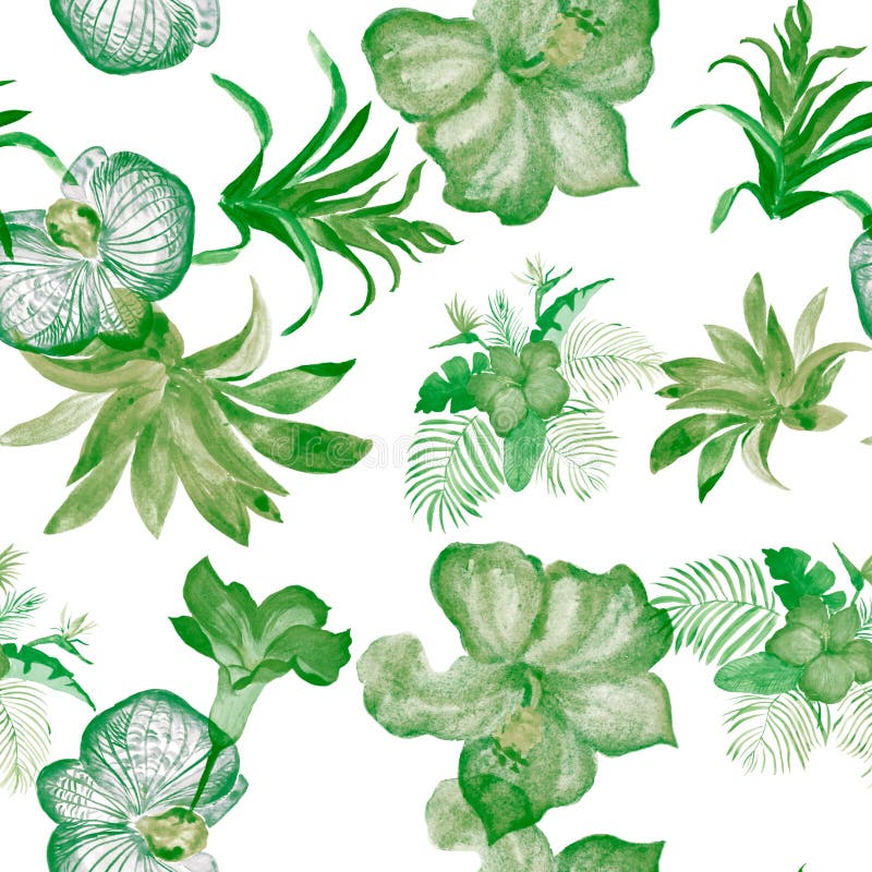 Organic Hibiscus Background. Natural Flower Plant. Greenery Watercolor Palm. Green Floral Decor. Seamless Illustration. Pattern Le