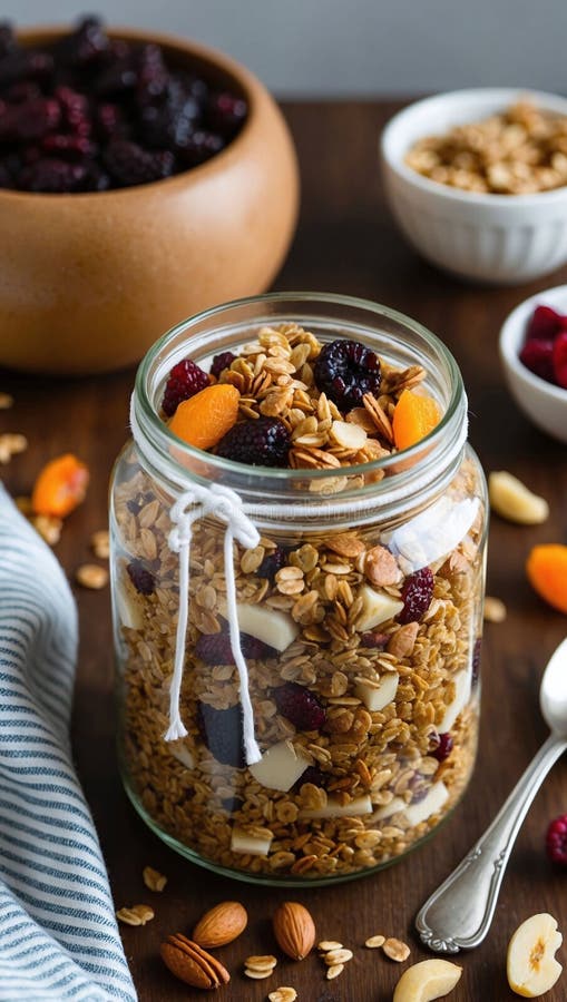 Organic homemade granola in a jar with nuts and dried fruit vector illustration