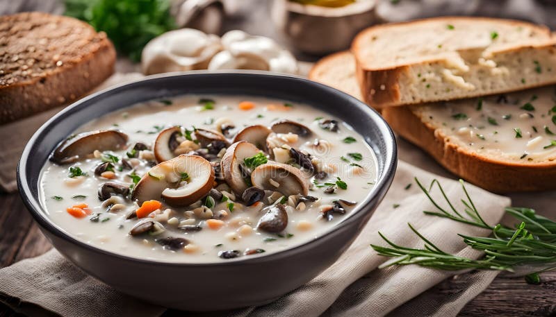 Organic Homemade Mushroom and Wild Rice Soup with Bread royalty free illustration