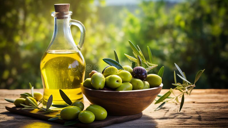 Organic homemade olive oil bottle on blurred defocused background with copy space for text placement stock illustration
