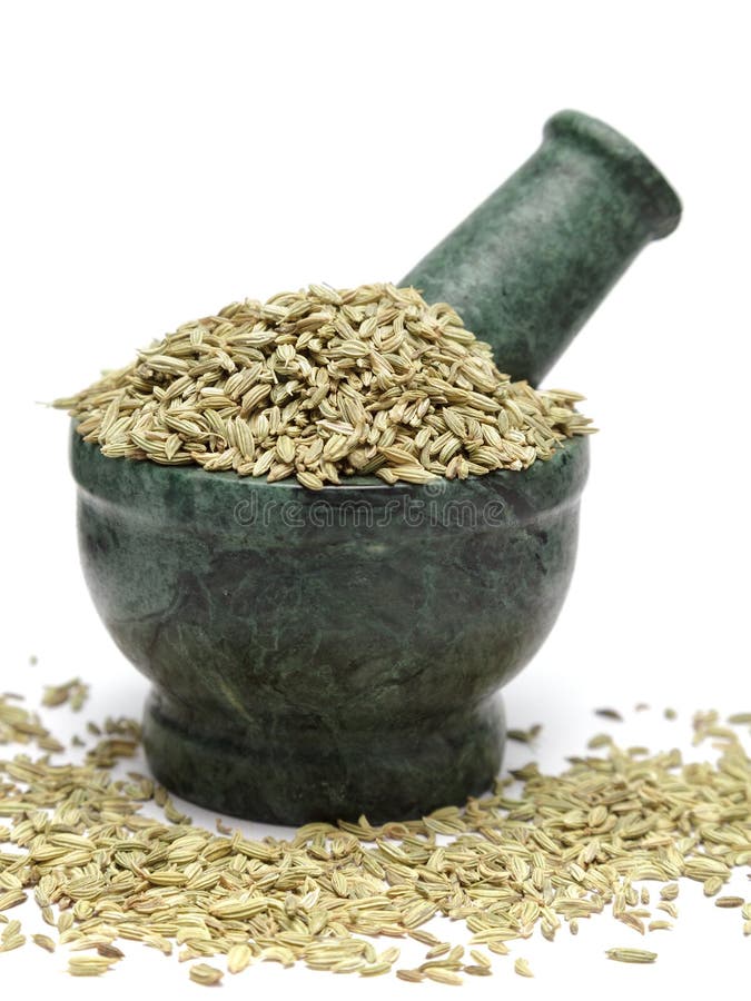 Organic Indian Fennel seed (Foeniculum vulgare) on marble pestle