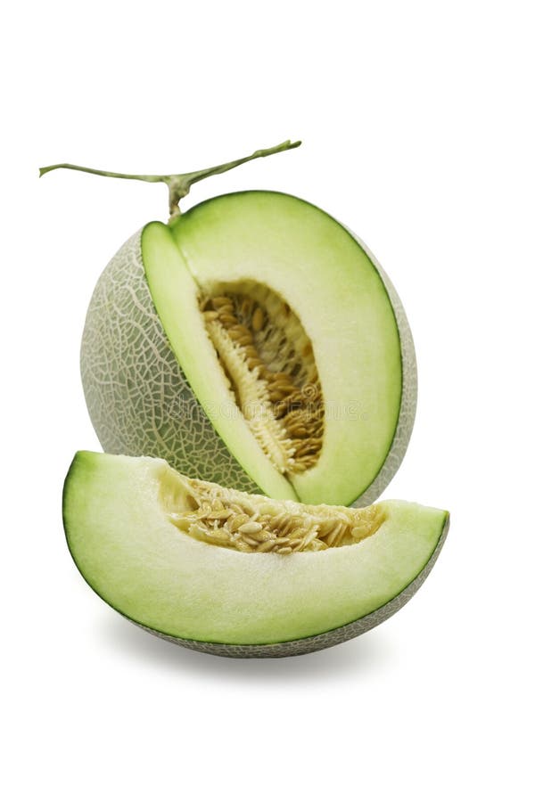 Organic japanese honeydew melon and a half on white isolated background with clipping path. Ripe green cantaloup melon have sweet
