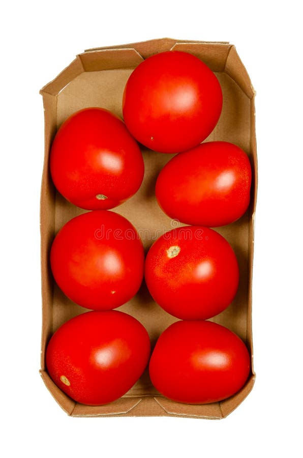 Organic plum tomatoes, ripe oval tomatoes, in a cardboard tray