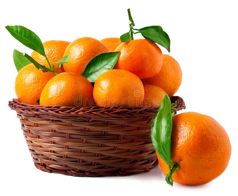 Organic ripe mandarins in basket on white background