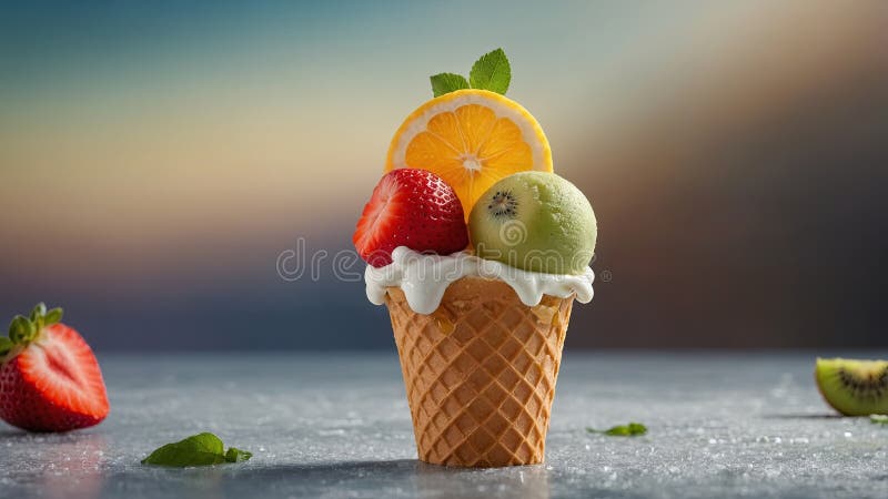 Fructe proaspete felii organice, lămâie kiwi, piersici și căpșuni în înghețată, con de înghețată, care reîmproșcă deliciul verii stock image