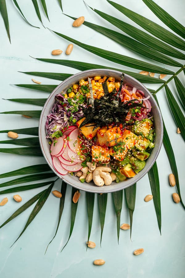 Vegetarian Tofu Poke Bowl with Rice and Vegetables Stock Image - Image