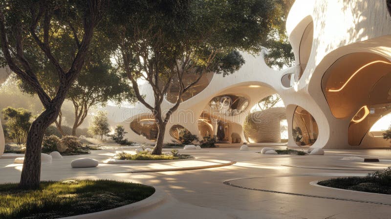 Organic White Architecture Amidst Lush Greenery vektor illustrationer