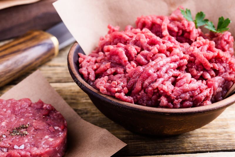 Organische ruwe van de rundergehaktvlees en hamburger lapje vleeskoteletten royalty-vrije stock afbeelding Organische ruwe van de rundergehaktvlees en hamburger lapje vleeskoteletten royalty-vrije stock afbeelding