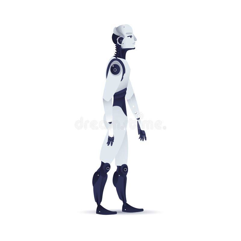 Robot cybernetic organism vector illustration - side view of male cyborg with artificial intelligence in flat gradient style isolated on white background. Metallic humanoid robot walking forward. Robot cybernetic organism vector illustration - side view of male cyborg with artificial intelligence in flat gradient style isolated on white background. Metallic humanoid robot walking forward.