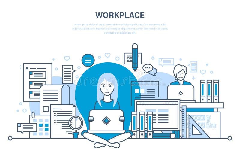 Organización y flujo de trabajo, herramientas del lugar de trabajo para el trabajo, previsión de tarea ilustración del vector Organización y flujo de trabajo, herramientas del lugar de trabajo para el trabajo, previsión de tarea ilustración del vector