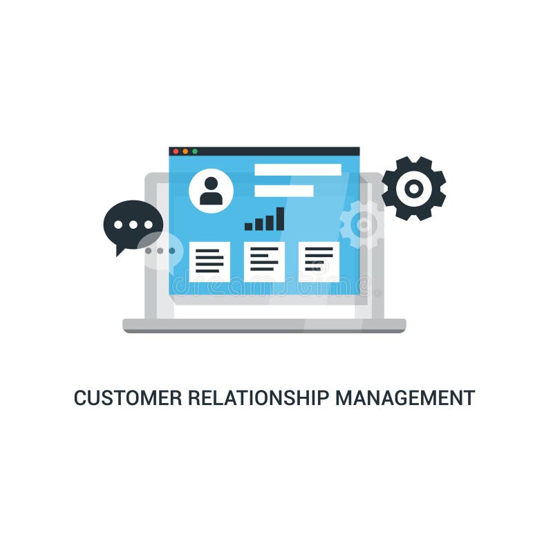 CRM concept design with elements. Flat icons of accounting system, clients, support, deal. Organization of data on work with clients, Customer Relationship Management. Customer relationship software banner illustrations