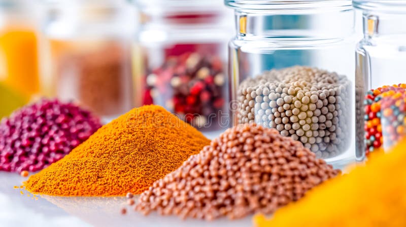 An organized collection of spices displayed in clear jars alongside vibrant piles of powdered spices creates an inviting stock images