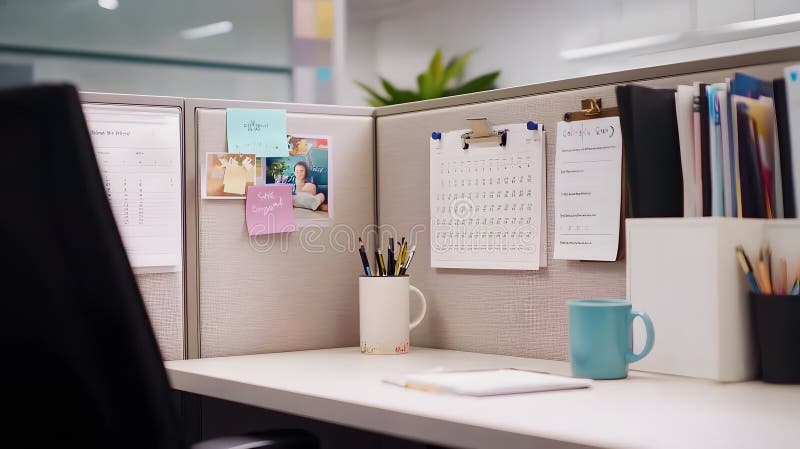 Organized cubicle, office worker's desk, modern workplace, calendar, notes stock photography