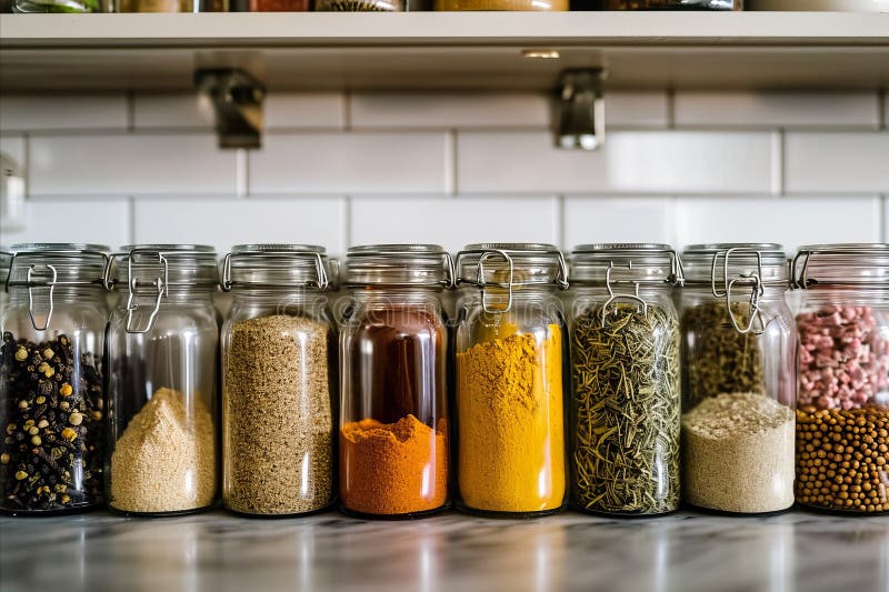 Organized kitchen with a series of clear jars filled with colorful spices, neatly labeled stock photography