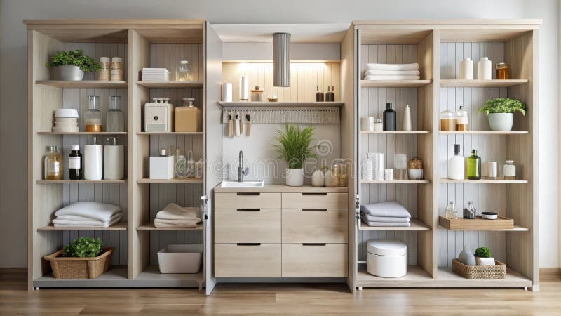 Organized light wood storage unit with linen and bath supplies. Generative AI stock illustration