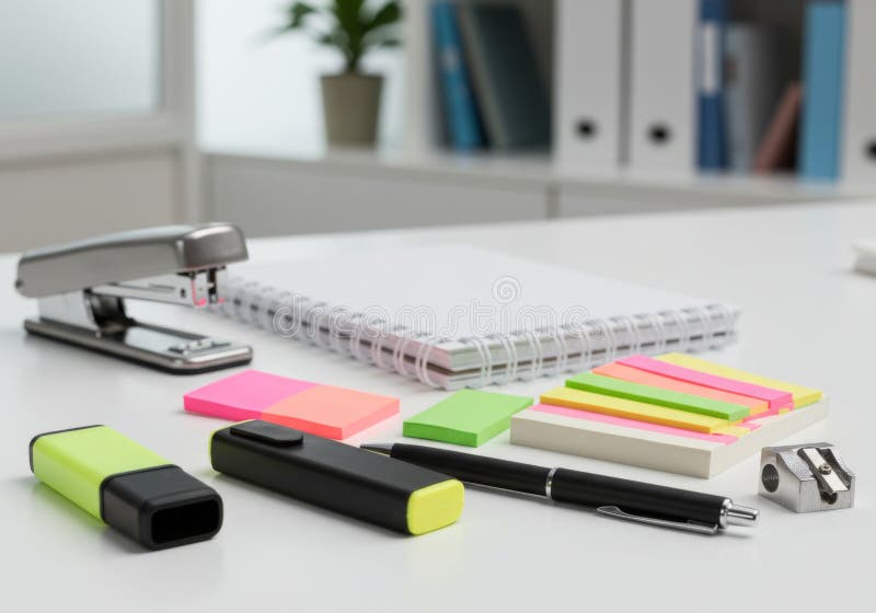 Organized Office Desk with Colorful Stationery royalty free illustration