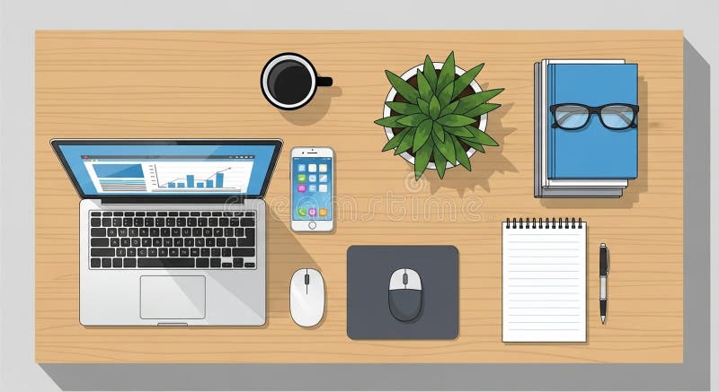 Organized office desk illustration featuring a laptop displaying a graph, a smartphone royalty free illustration