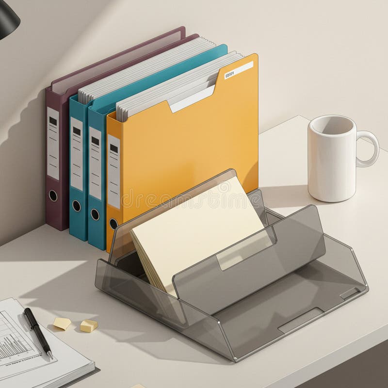 Organized office desk with a stack of colored binders, including purple and teal. A vector illustration