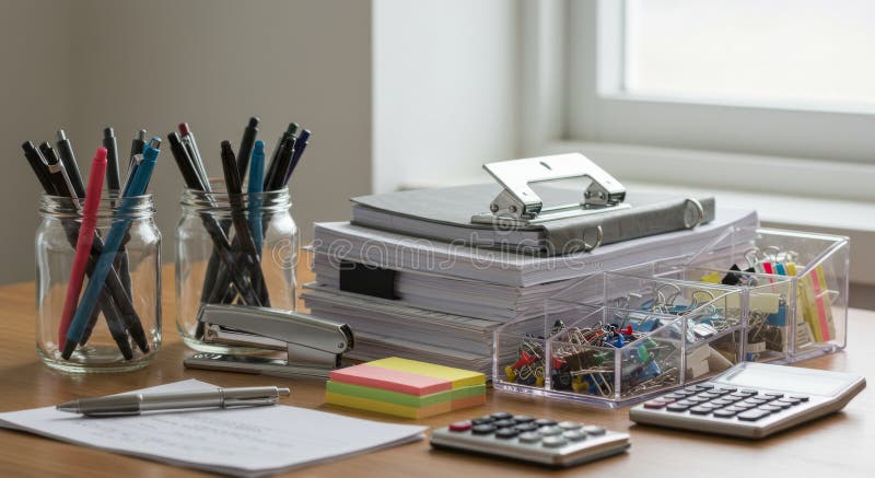 Organized Office Desk with Stationery and Supplies vector illustration
