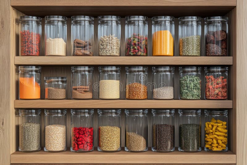 Organized pantry shelf with assorted grains and spices in clear jars stock photos