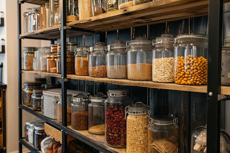 Organized pantry with various dried foods in clear jars on black shelves, blend of colors and textures. concept of stock photos