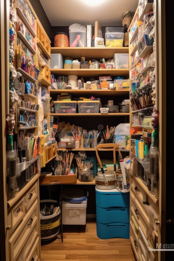 Organized and Tidy Office Supply Closet with Labeled Shelves Stock