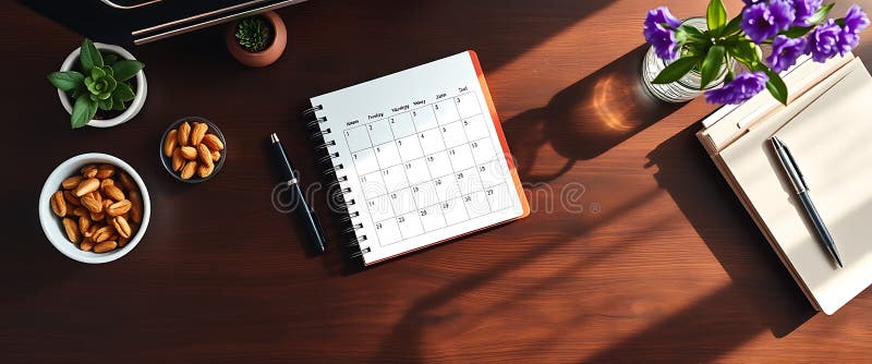 Organized workspace with calendar and snacks royalty free stock photo