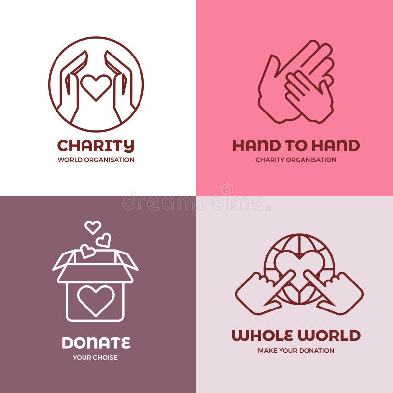 Organizzazione senza scopo di lucro e volontaria, carità, insieme di logo di vettore di concetto di filantropia illustrazione vettoriale Organizzazione senza scopo di lucro e volontaria, carità, insieme di logo di vettore di concetto di filantropia illustrazione vettoriale