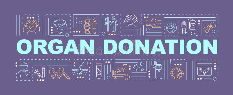 Organ donation word concepts banner. Transplantation clinic, charitable foundation infographics with linear icons on purple background. Isolated typography. Vector outline RGB color illustration. Organ donation word concepts banner. Transplantation clinic, charitable foundation infographics with linear icons on purple background. Isolated typography. Vector outline RGB color illustration