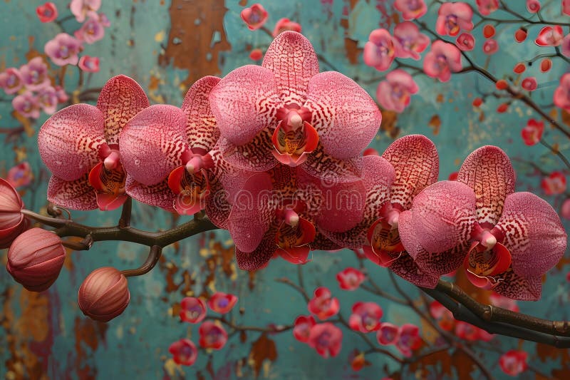 Orhidee roz vibrante, înflorite cu fond terestru rustic pentru decor floral și artă generativă naturală stock photography
