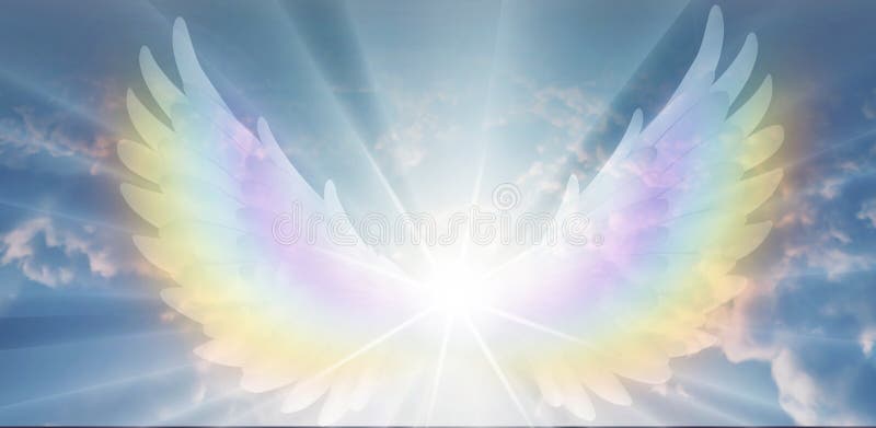 Orientación espiritual, Ángel de la luz y amor haciendo un milagro en el cielo, alas angelicales arcoiris
