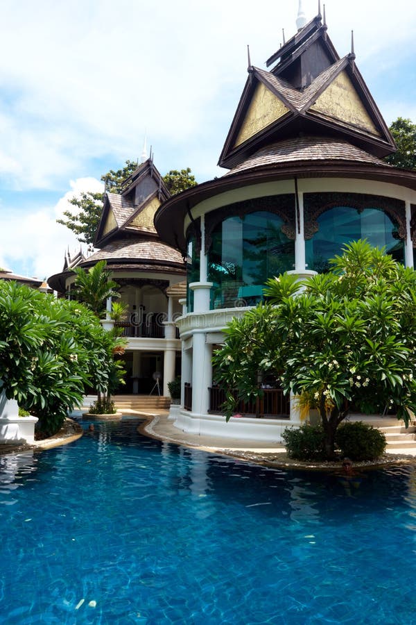 Oriental building near a pool