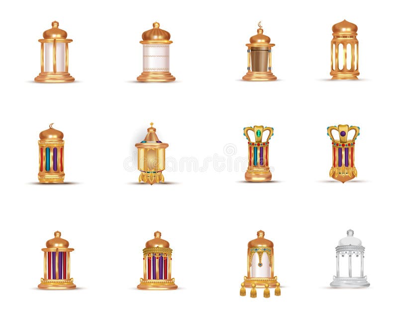 SET BUNDLE Oriental Lamps Arab Lanterns Hang on Gold Chains. Isolated